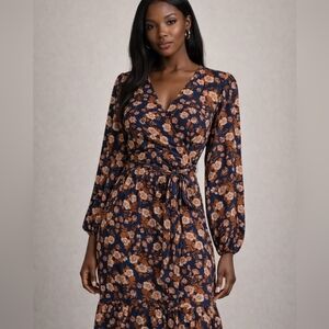 Francesca's Collections Floral Midi Dress - Navy and Orange